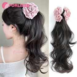 FORLISEE  Synthetic Ponytail Wig For Women Pink Rose Clip-in Layered Wave Curly Ponytail Can Be Tied Sideways And High