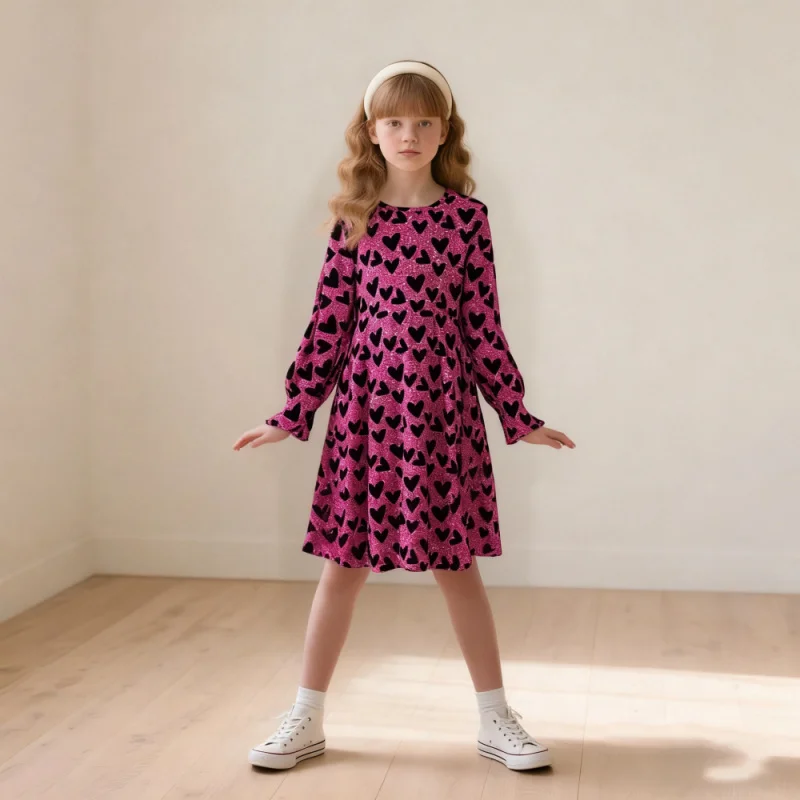 عرض ساخن عبر الحدود: فستان بناتي بأكمام طويلة وطبعة قلب لامع، فستان لطيف وردي واسع على شكل حرف A للأطفال كاجوال & Pa