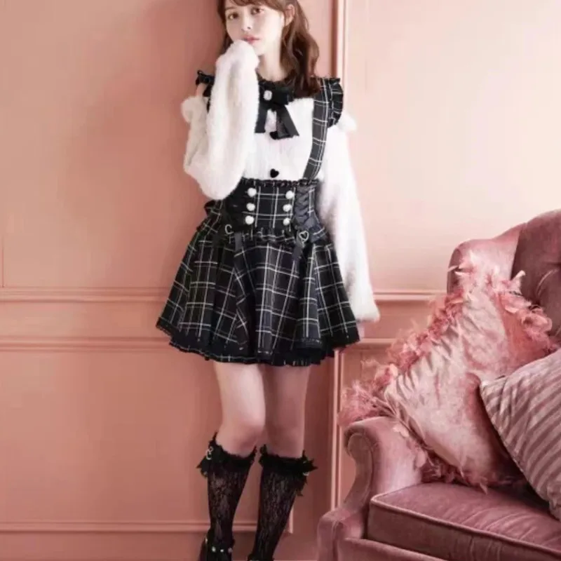 Japanese Gothic Lolita Ribbon Short Suspender plaid Skirt Girls Sweet Cute Lace A-Line Mini Skirts summer2024 black solid kawaii