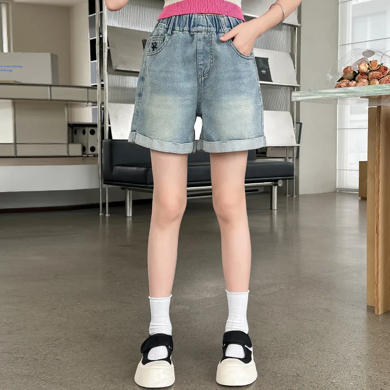 3-12Yrs Kids Girls Denim Shorts UNITIM Summer Sticker Children Girls Jeans Junior Girls Bow Pockets Young Teenagers Girls Shrots