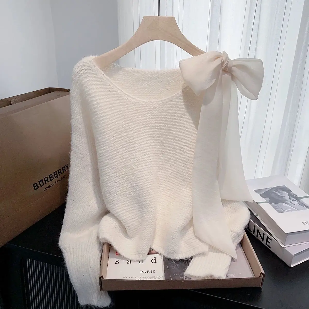 Daliang Dongguan High End Women's Knitted Sweater No Pilling Base Layer Shirt  Knot Long Sleeve round Neck Pure Color