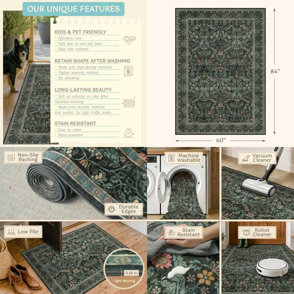 

Loral Vintage Washable 5x7 Rugs for Living Spaces, Green Soft Area Rugs for Bedrooms, Dining, Classrooms, Boho Chic Home Decor,