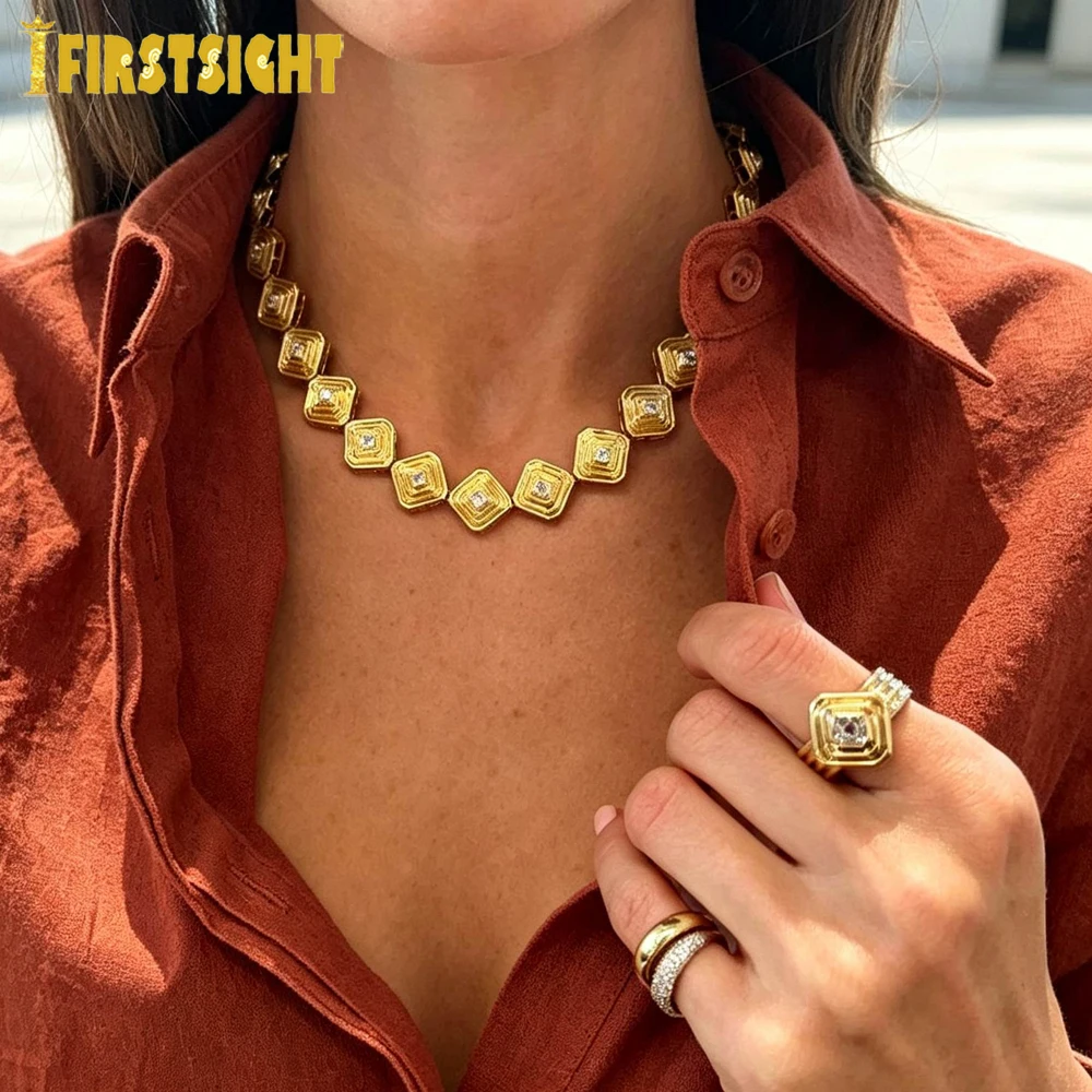 2026 New High Polished Geometric Square Charm Link Chain Necklace Bracelet Earring Micro Pave CZ Bling Fashion Women Set Jewelry