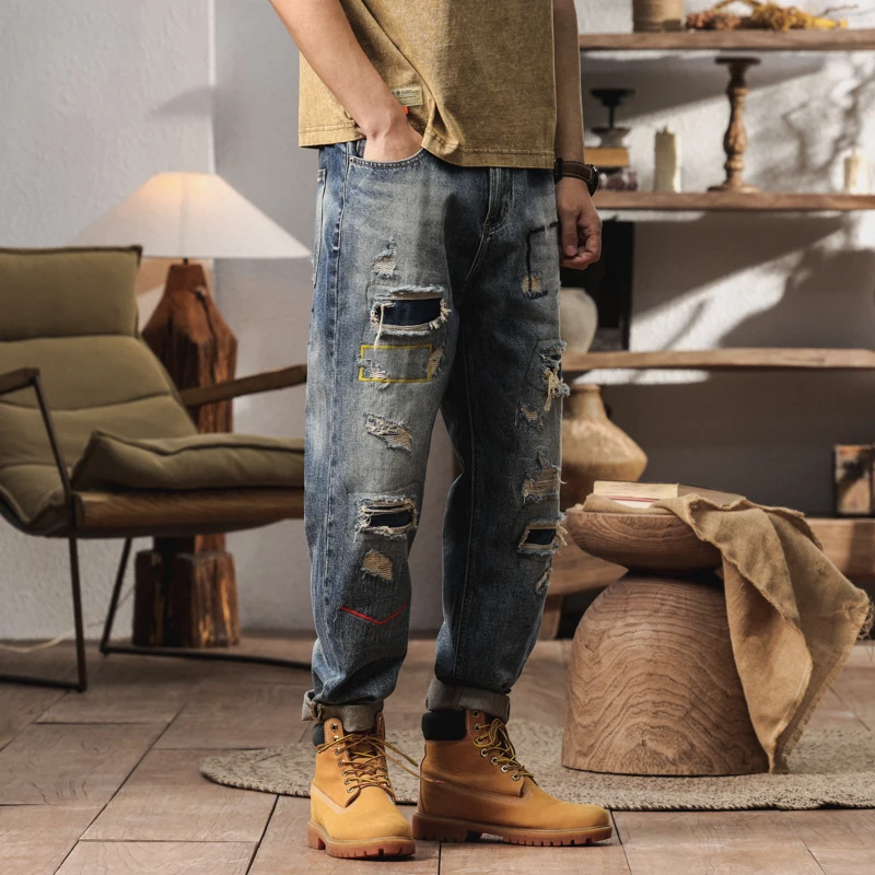 

BYCL908 American retro tide leisure fashion heavy wash new loose personality hole patches Harlan jeans men
