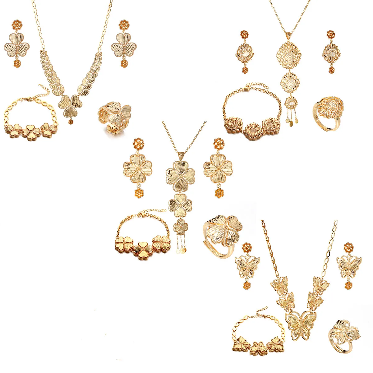 

Dubai Women's Jewelry Set Necklace Bracelet Ring Set Gold Luxury African Heart Butterfly Jewelry