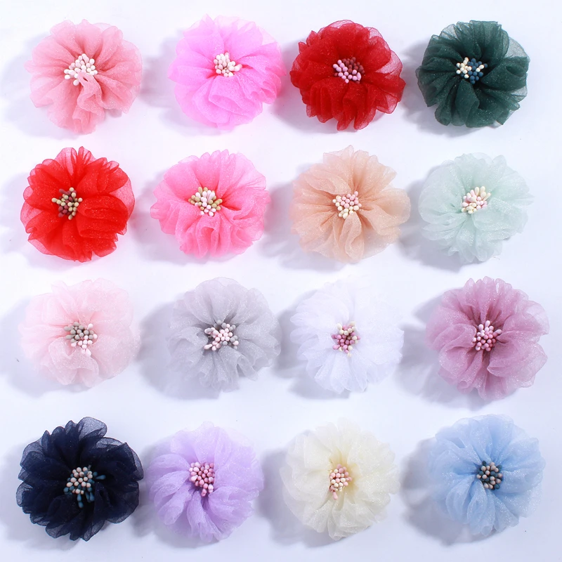 20PCS 5.5CM Fashion Tulle Silk Hair Flower With Match Stick Center End Do Old Wrinkles Fabric Flowers For Hairpins Accessories