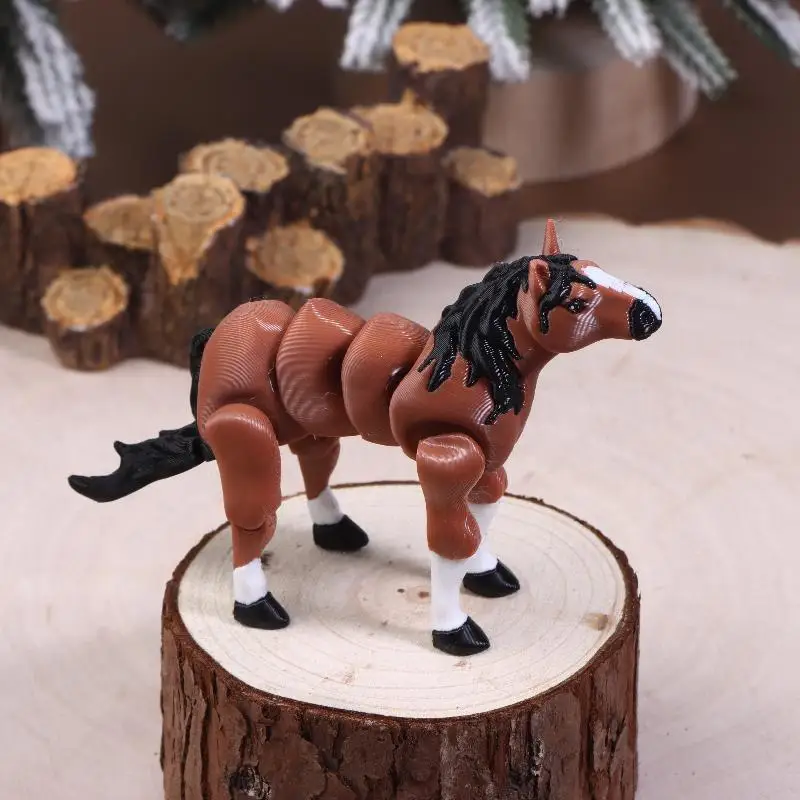 -3D Printed Horse Statue Multi-joint Movable Brown Horse Figurine Ornament Home Office Desktop Decorations Creative Gifts
