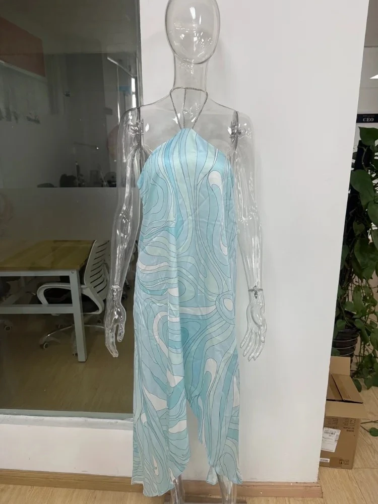 Blue print women loose halter dress fashion female Satin backless Thin Irregular Off Shoulder robe 2025 summer Vacation Vestidos