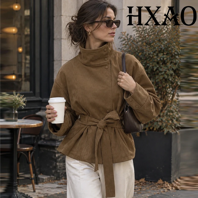 HXAO Cropped Faux Suede Jacket Autumn Women Belted Brown Trench Coat Long Sleeve Elegant Button Ladies Jacket Short Outerwear