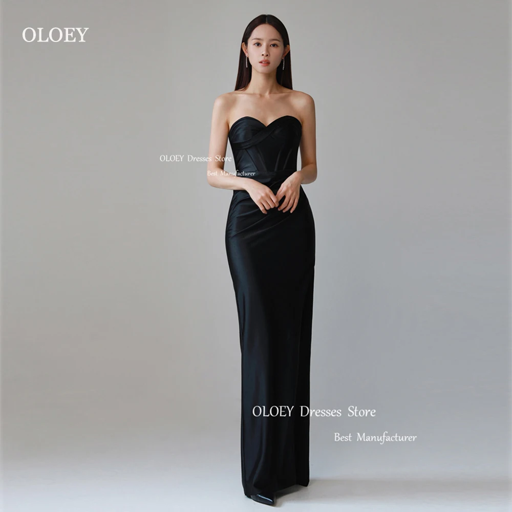 

OLOEY Elegant Satin Black Mermaid Evening Dresses Corset Strapless Floor Length Wedding Party Photoshoot Formal Prom Gowns