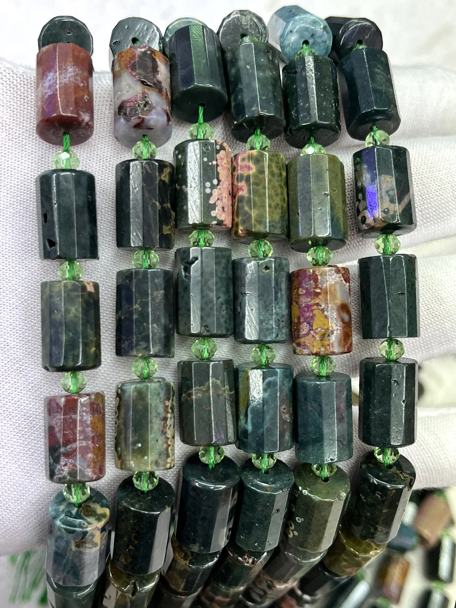 Natural Marine Agate Cylindrical Ocean Stone Section Beads Faceted Loose Spacer For Jewelry Making DIY Necklace Bracelet 15''