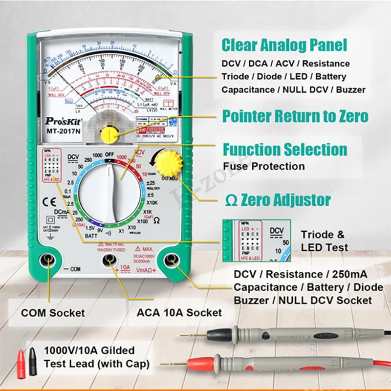 Proskit MT-2017 MT-2019 AC/DC Analog Graph Pointer Multimeter Ammeter Resistance Capacitance Diode Volt Amp Ohm hFE LED Meter