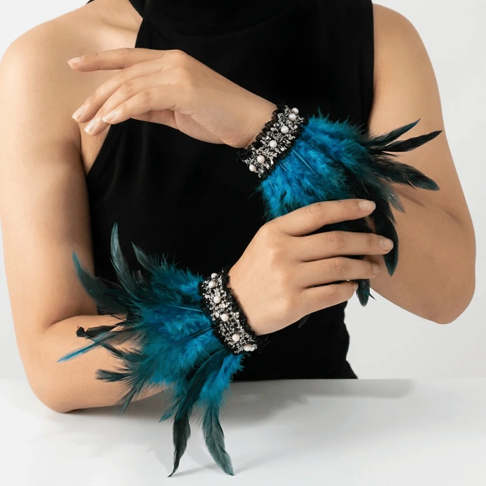 Elegant Lace Feather Wrist Cuffs Adjustable Pearl Plume Bracelet Gothic Gloves Halloween Arm Cuff Themed Party
