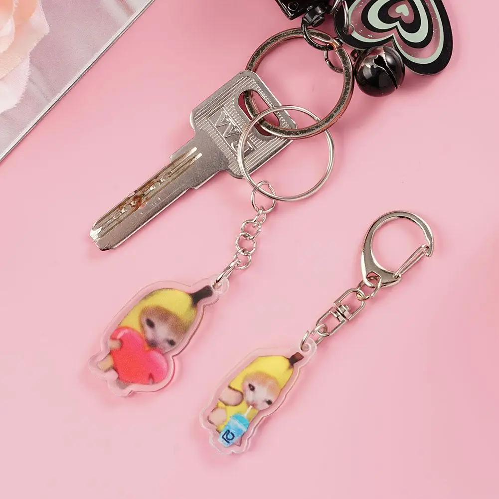 2024 Happy Banana Cat Key Chain Mobile Phone Chain Keyring Student Gift Funny Cat Bag Pendant Lanyard Happy Cat Keychain