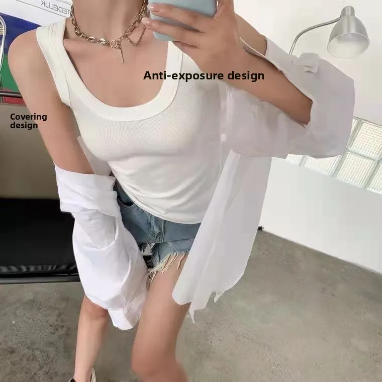 Women's round Neck Slim Fit Tank Top Anti-Light Strap Design Spring Summer New Style Versatile Base Layer Fashionable Casual ...