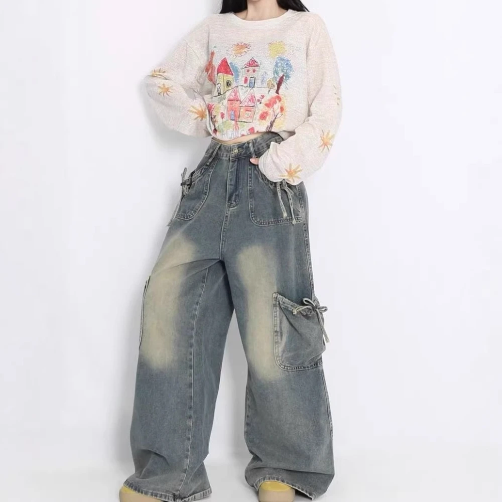 TWOTWINSTYLE Blue Spliced Pockets Chic Trousers Female High Waist Loose Sweet Design Women's Wide Leg Pants Autumn New Fashion