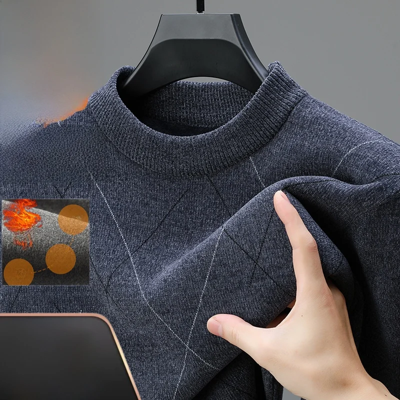 

Мужской вязаный повседневный свитер на подкладке, зимний теплый базовый слой, удобный, мягкий, Thiened Long Sve rou...