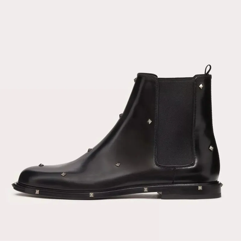 SHOOEGLE Black Luxury Handmade Rivet Ankle Square Toe Boots For Men New Winter Retro Style Ankle Boots Casual Boots for Man