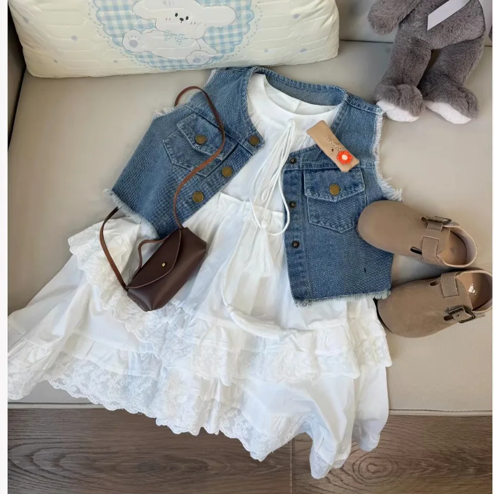 

New Arrival Toddler Girl Vintage Jean Waistcoat, Stylish Two-piece Dress Suit for 100-140cm