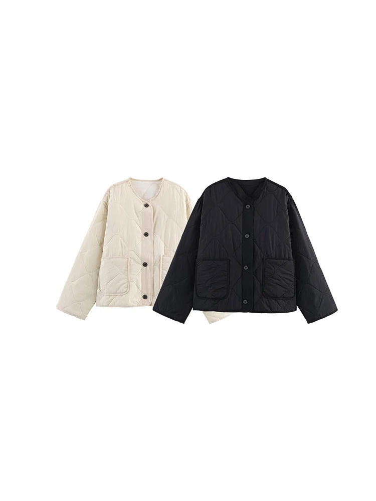 

European and American style autumn new fashion trend women's all-match round neck long sleeve warm cotton jacket coat