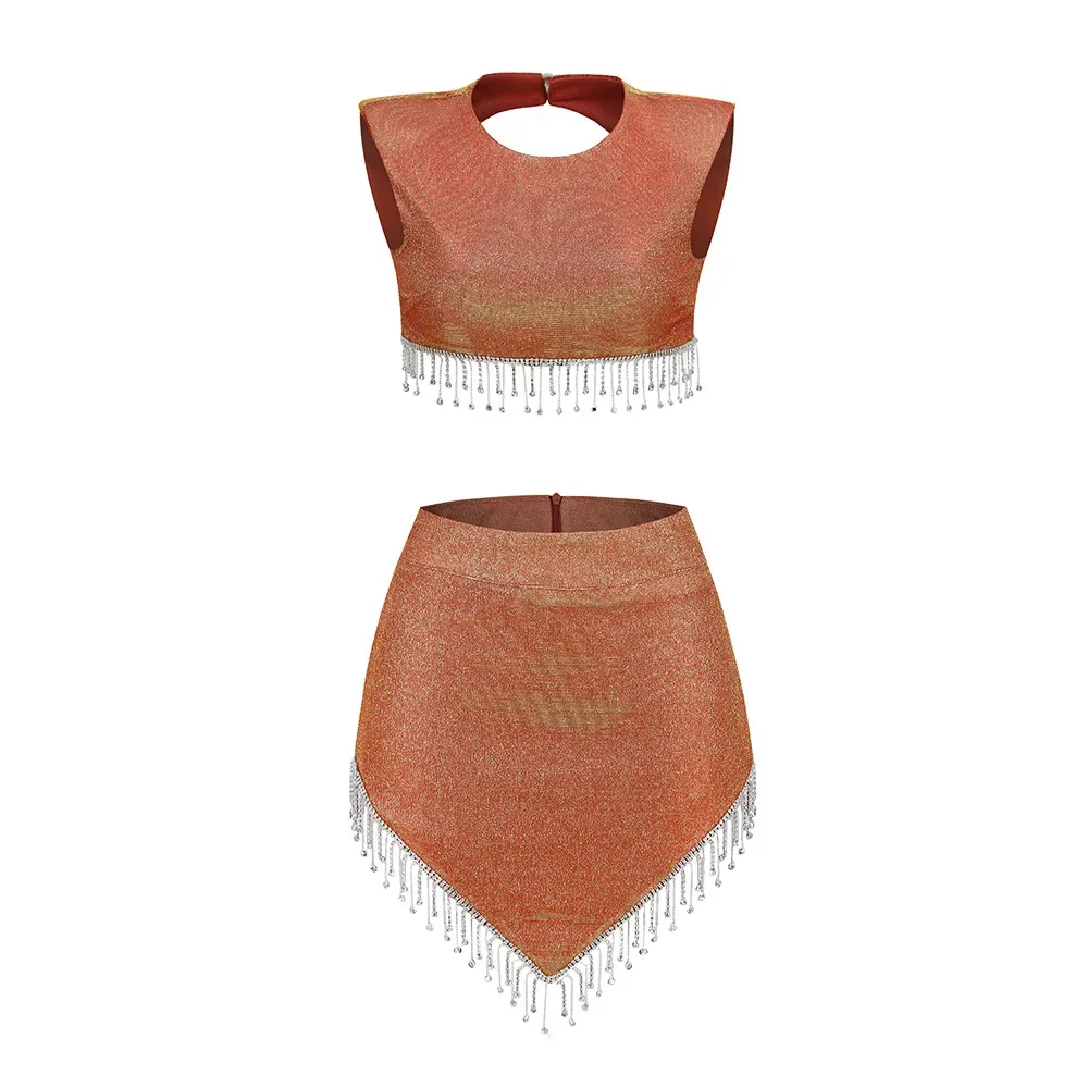 Sexy Fashionable Metallic Glitter Two Piece Set Rhinestone Fringe Crop Top Asymmetric Mini Skirt Dress Birthday Cocktail Party