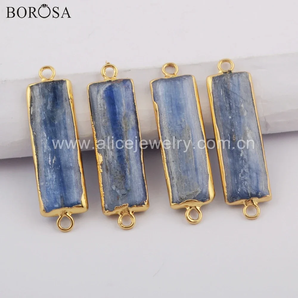 

BOROSA 5PCS Rectangle Shape Gild Natural Kyanite Connectors Natural Blue Stones Double Charms for Bracelet Jewelry Accessories