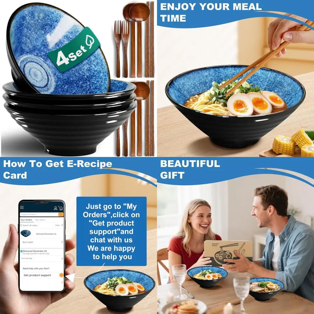 

8-Inch Ceramic Ramen Bowl Set (16 Pieces) - Japanese-Style Porcelain, Dishwasher and Microwave Safe, Ideal for Salad, Noodles, C