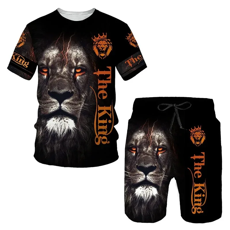 2025 Summer Men's 3D Animal Printed Men's Breathable Comfortable T-shirt Set Sportswear Casual Sportswear Two Piece Set