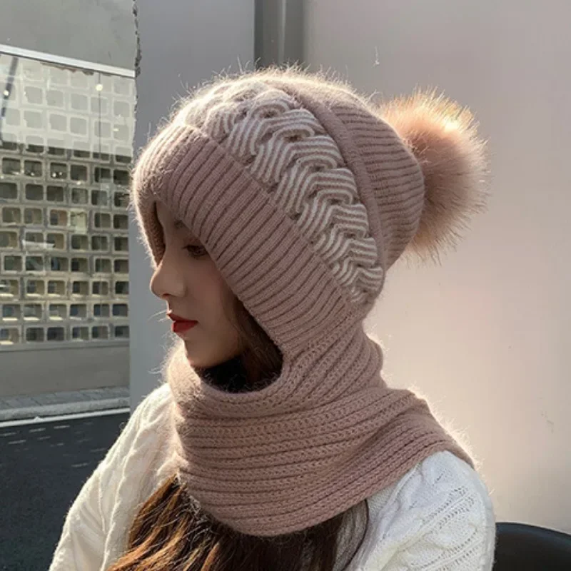 New Super Cute Warm Winter Scarf Hat Gloves with Fleece Thickened Ear Protection One-piece Knit Hat Are Windproof and Cold