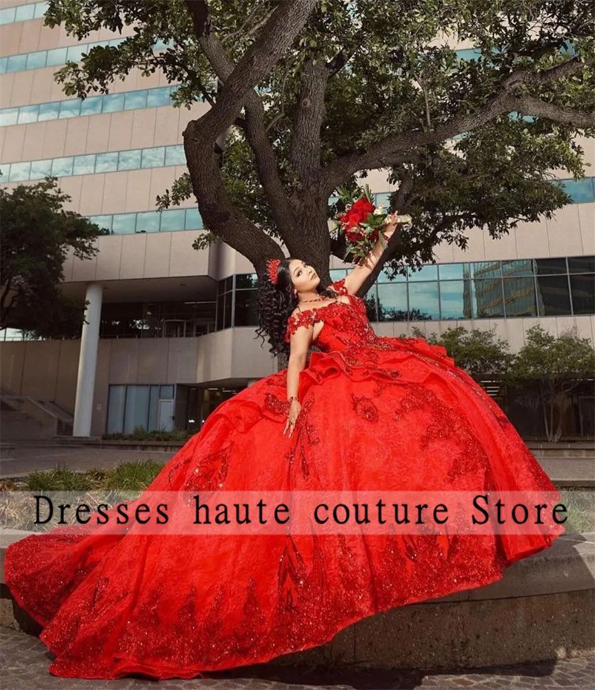 Sparkly Red Sequins Princess Quinceanera Dresses Ball Gown 2024 Appliques Sweet 16 Dress Lace-Up Birthday Gown Custom