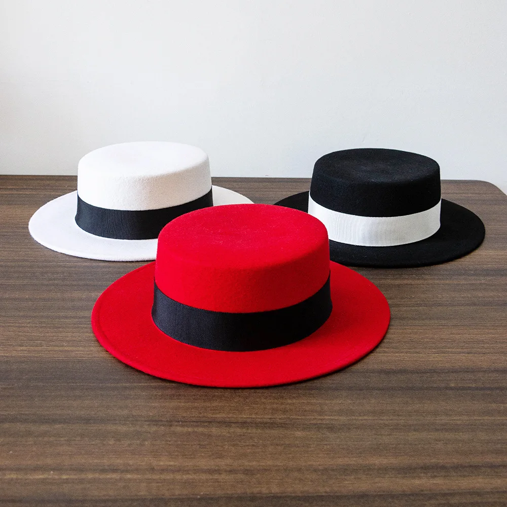 Fashion Casual British Style Ribbon Decorated Woolen Flat Top Hat Outdoor Shopping Warm Internet Celebrity Trendy Hat