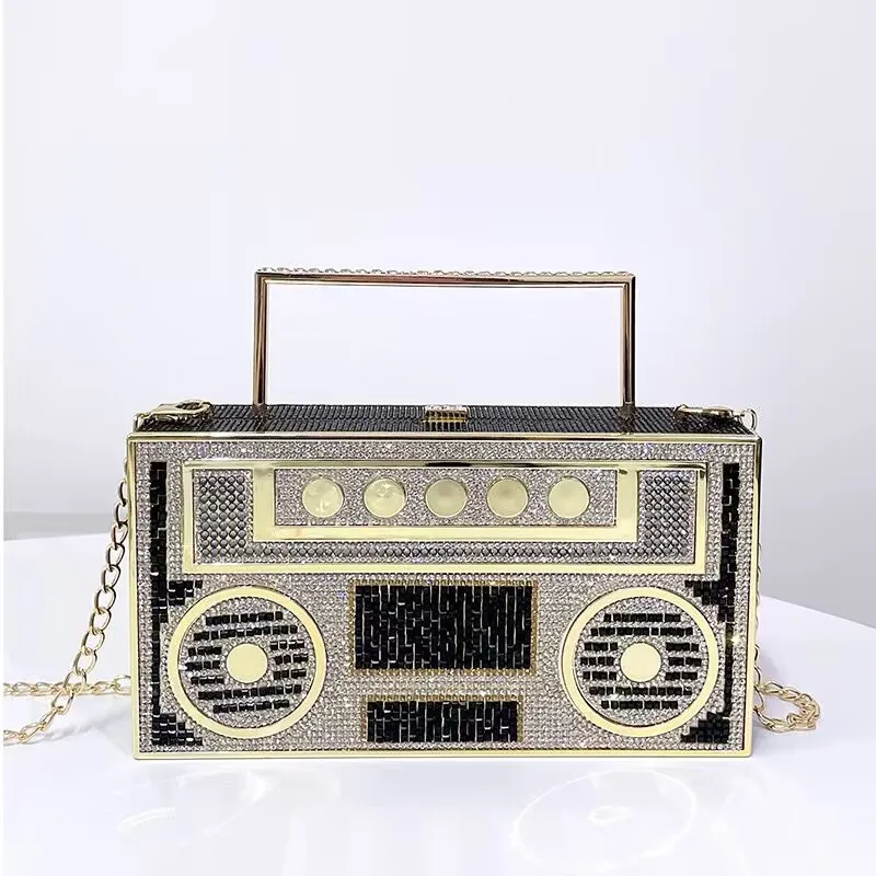2024 Luxury Designer Full Diamond Evening Clutch Bag Ladies 3D Rhinestone Radio Handbag Fashion Party Shiny Crystal Shoulder Bag