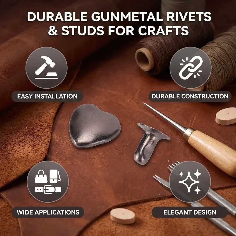 30 Pcs Count Gunmetal Color Heart Shape Rivets 8mm Size Tubular Type Metal Stud Rivets Screw Back Double Cap Rivets