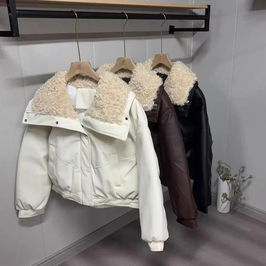 

Women Short PU Leather Short Cotton Coat Autumn Winter Lambswool Turn-Down Lapel Fleece Thick Jacket Korean Loose Casual Coat