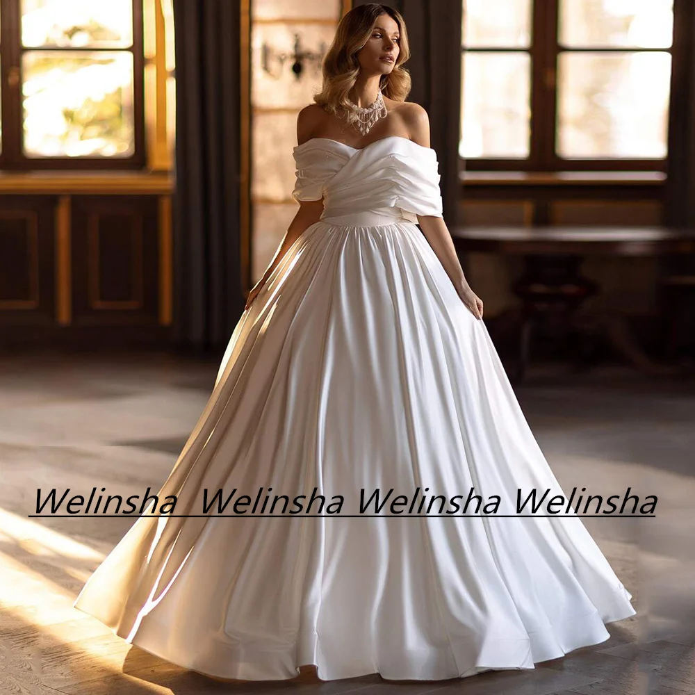 Modern Satin Wedding Dress Simple Off The Shoulder V Neck Ruched Pleat Sweep Train A Line Draped Corset Bridal Gown