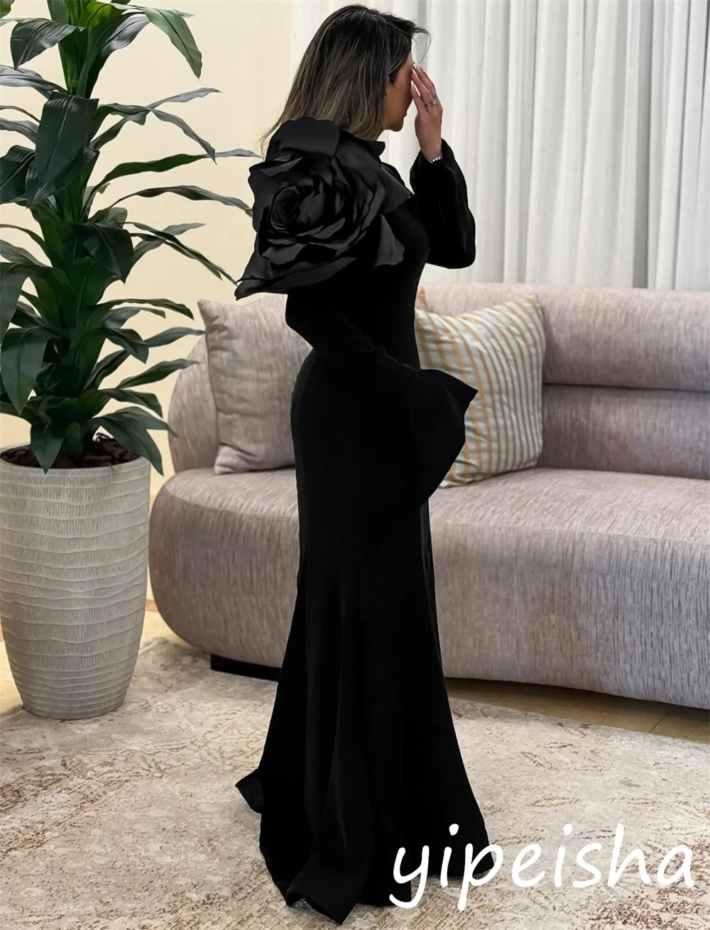 تخصيص جودة عالية جيرسي زهرة الطية البوق ساحة الرقبة فساتين طويلة مناسبة مخصصة معقدة #2