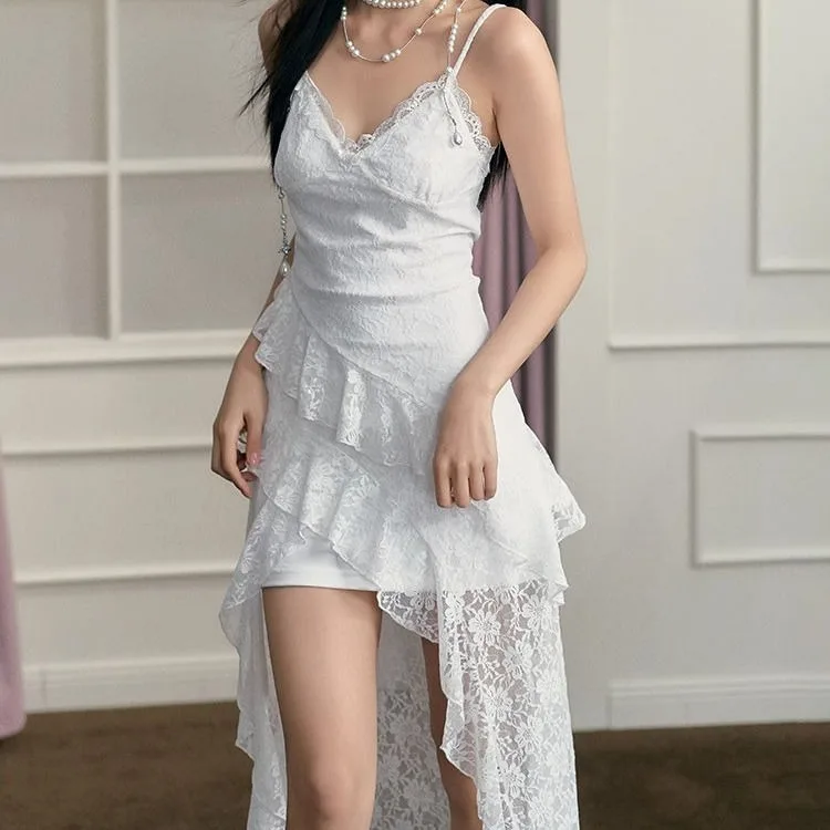 Fashion Sexy Slim Fit Split Camisole Dresses 2025 Summer New Dresss for Women Y2k E-Girl Ruched Lace White Vestidos Mujer