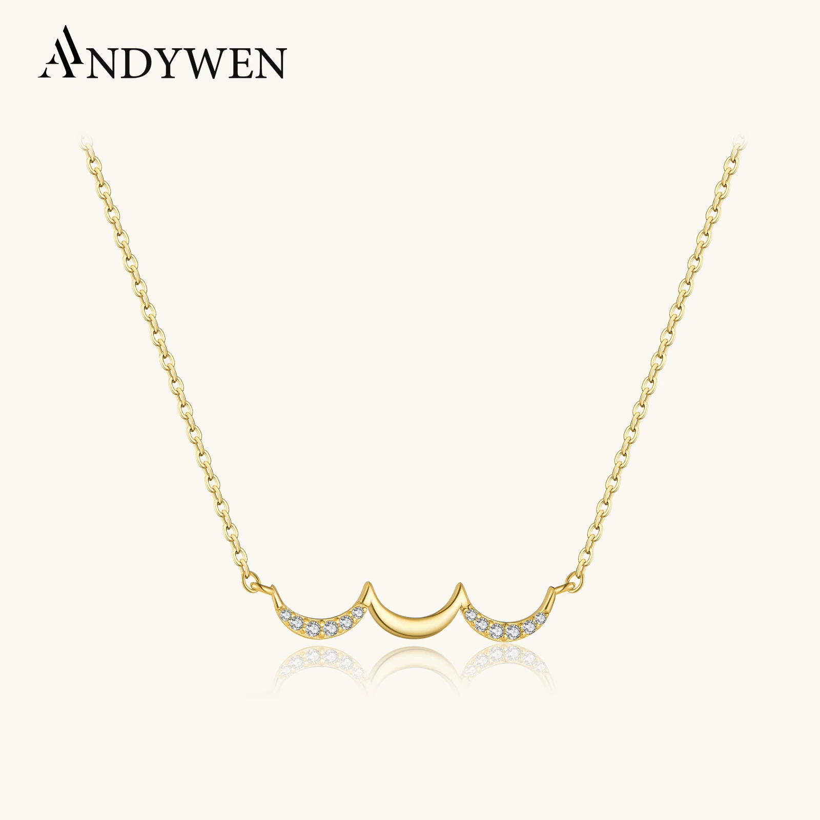 

ANDYWEN 925 Sterling Silver 3 Moon Necklace Sparkling CZ Zircon Crescent Minimalist Chain, Delicate Luxury Wedding Jewelry Gift