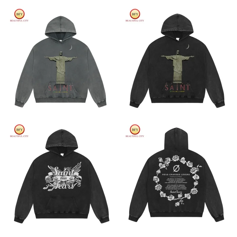 

SAINT Heavyweight Washed Cotton Hoodie Autumn Winter Vintage Men and Women Hooded Sweatshirt