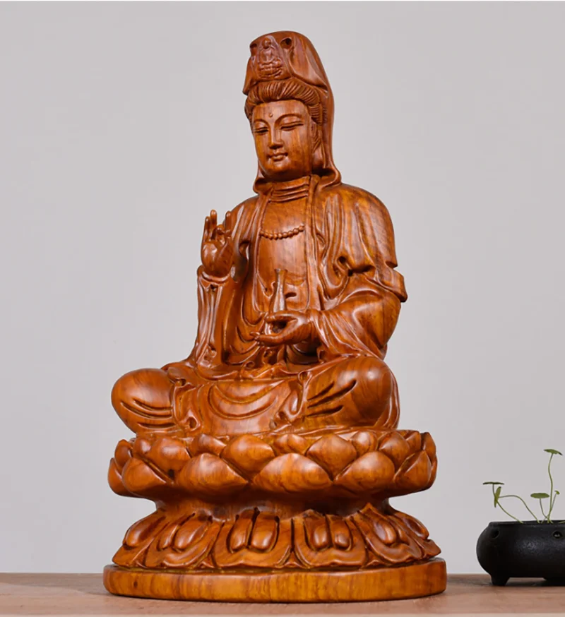 Solid Wood Carving Lotus Guanyin Statue，Safflower Pear， Black Sandalwood Wooden Buddha Statue Home Feng Shui Decoration 13-20cm