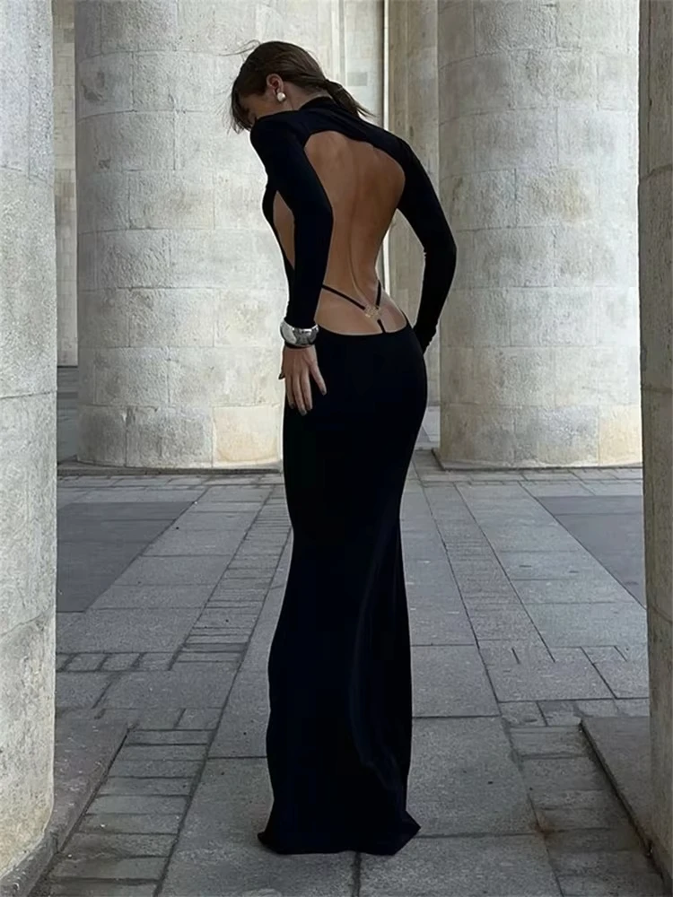 Damen Herbst Elegante Abend Party Kleid Frauen Langarm Backless Bodycon Maxi Kleider Nacht Clubwear Streetwear Herbst Outfits