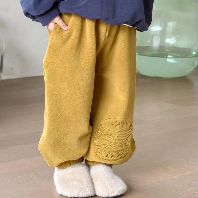 

2025 Winter New Children Fleece Sweat Pants Boys Embroidery Trousers Plus Velvet Thick Girls Warm Pants Cotton Kids Casual Pants