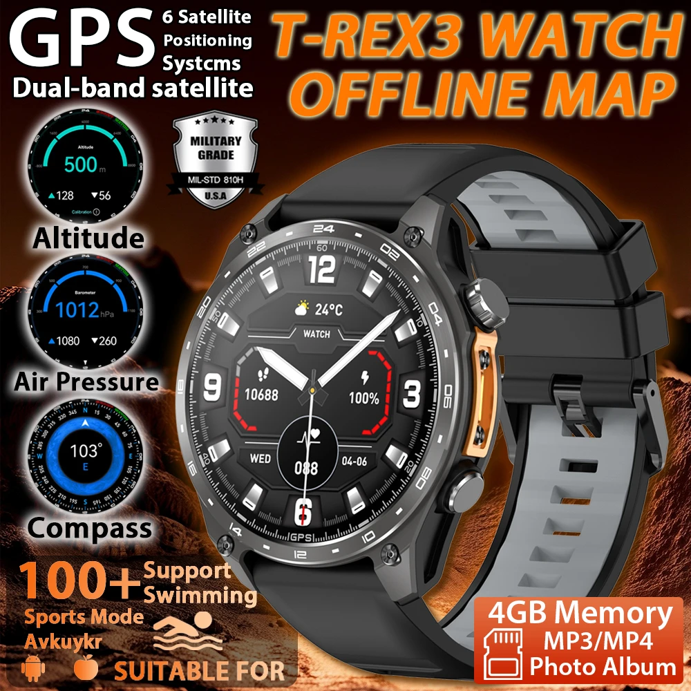 

2025 Military Offline Map Compass 5ATM Smart Watch 4GB Big Memory GPS Navigation MP3/MP4 Player Swim Sport trackr Smartwatch New