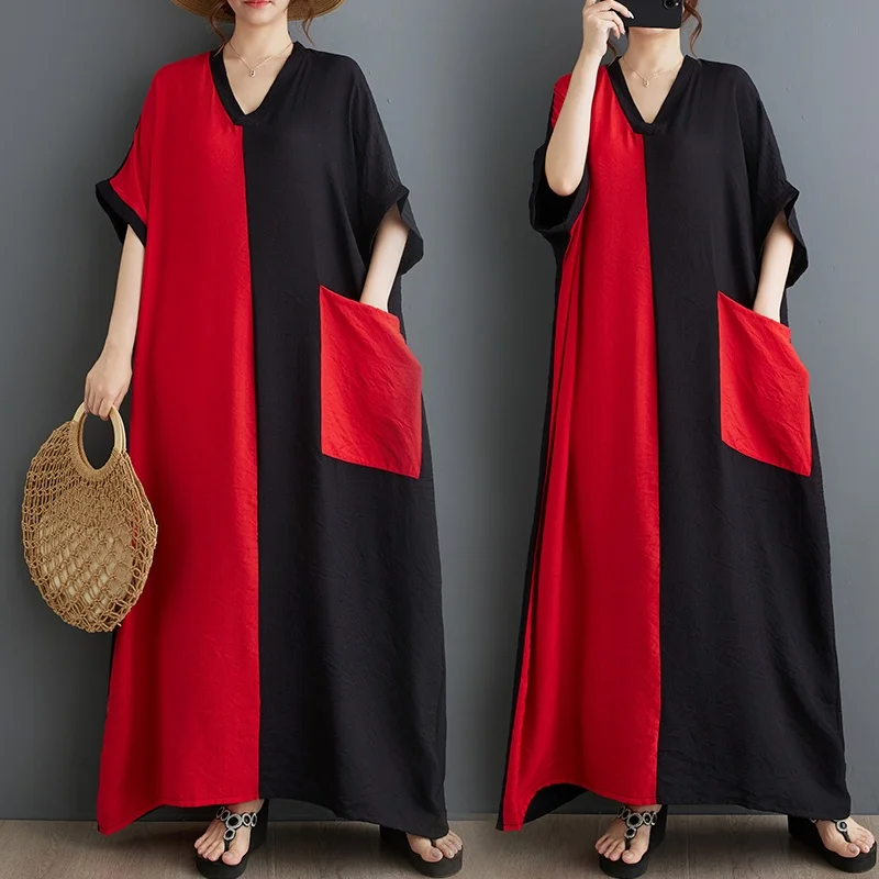 

Summer New Style Slimming V-Neck Short Sleeve Color Block Long Silk Linen Dress Women's Fashion Commute Wind Batwing Sleeve