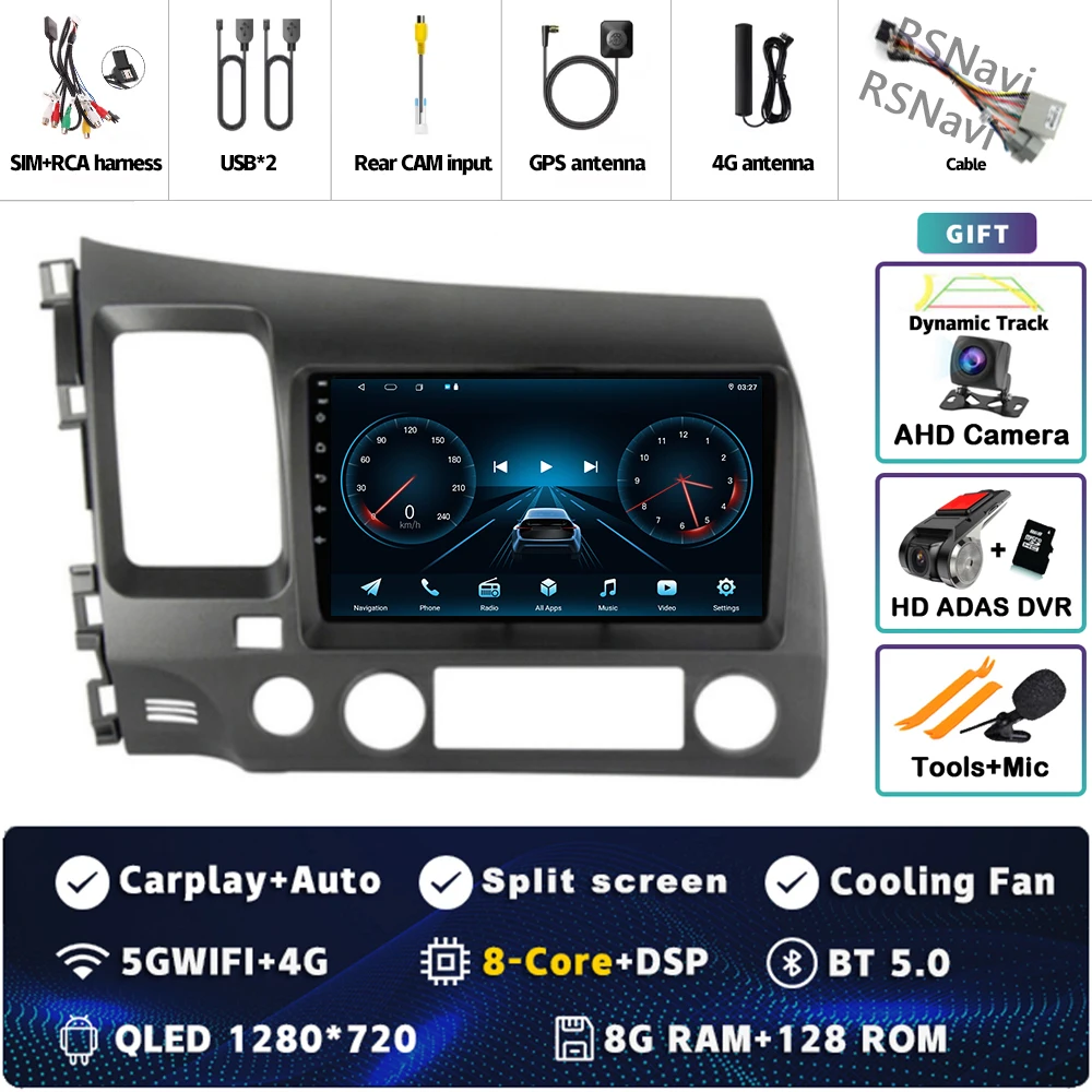 Android 15 Voor Honda Civic 8 FK FN FD 2005-2012 2K QLED Android Autoradio Multimedia Video speler GPS 4G CarPlay Stereo