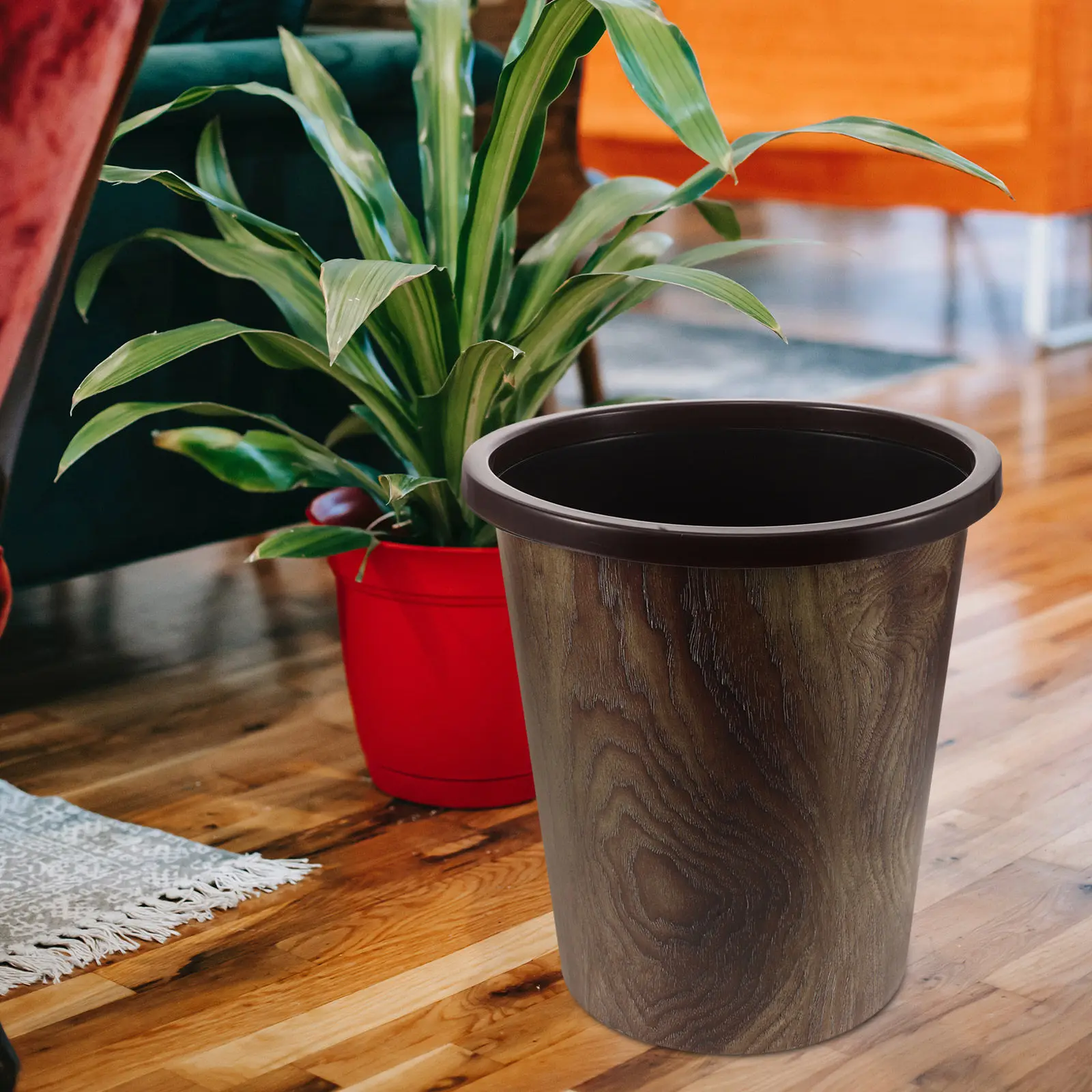 

Wood Grain Trash Can Large Rustic Round Plastic Wastebasket Press Ring Bathroom Kitchen Bedroom Office Wood Grain Trash Can