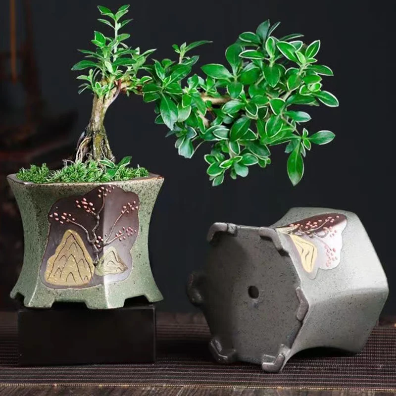 Vintage Chinese Style Hexagonal Ceramic Flower Pot Creative Plum Blossom Relief Craft Planting Pot Home Gardening Decoration