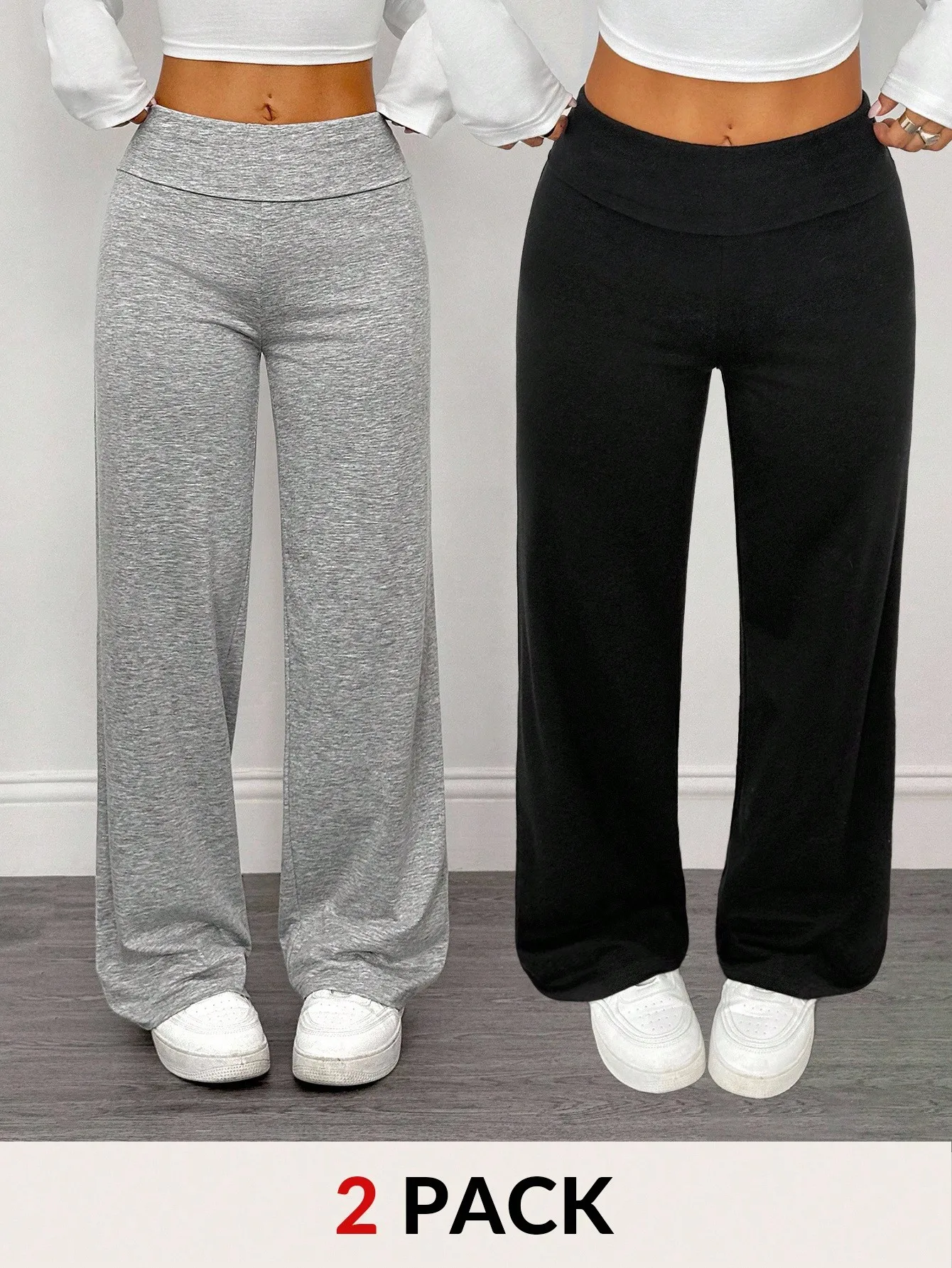 

Комплект из 2-х женских брюк с высокой талией, широкими штанинами и прямым кроем - серый и черный