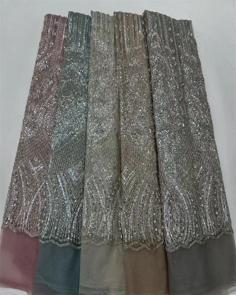 Luxury African French Tulle Lace Fabric Sequins Beads High Quality for Nigerian Wedding Dresses Special Occasions