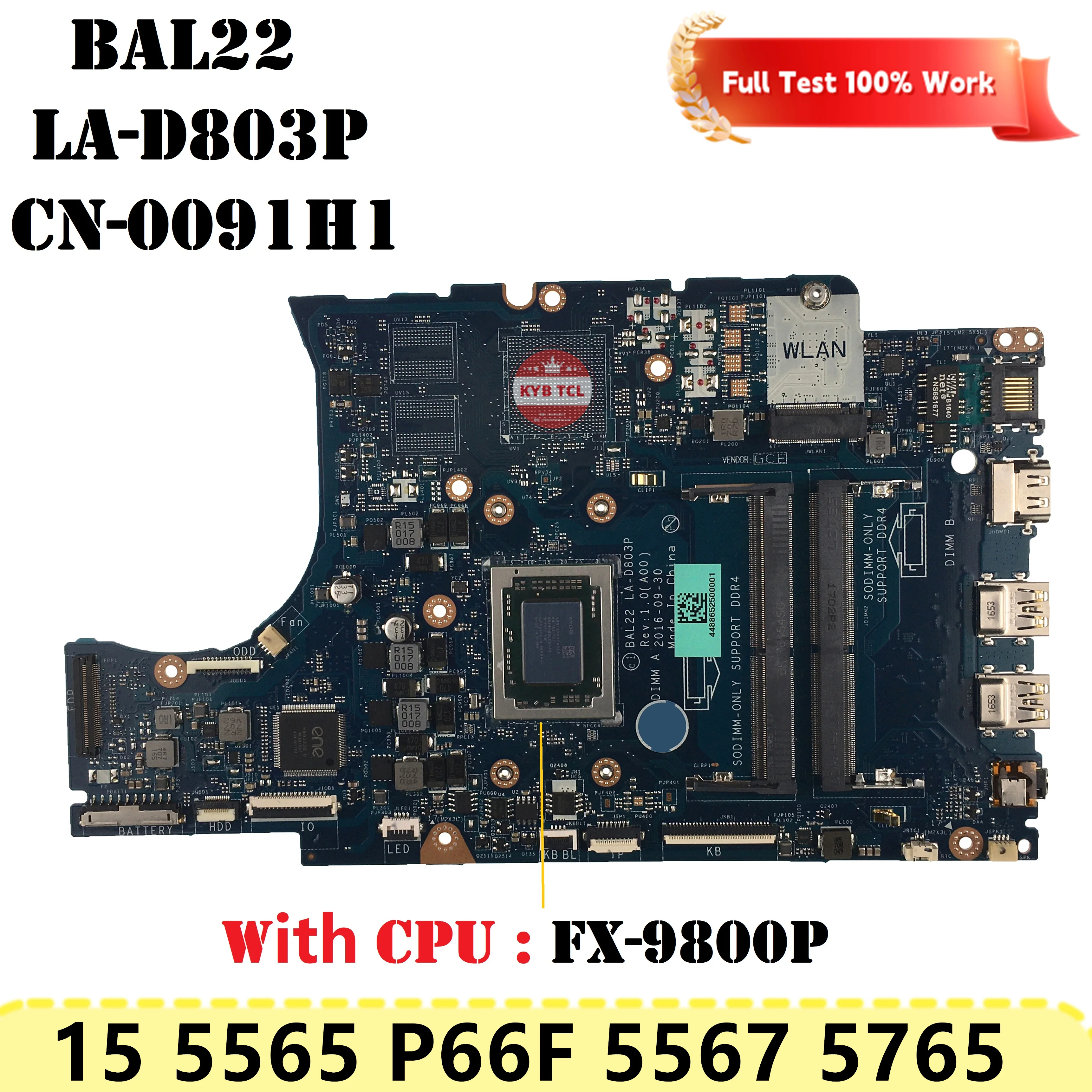 Imagem -06 - Placa-mãe para Dell Inspiron 15 5565 P66f 5567 5765 Laptop Placa-mãe Cn0m3rn1 M3rn1 Cn-0n7gmf La-d803p 0091hd 0n7gmf